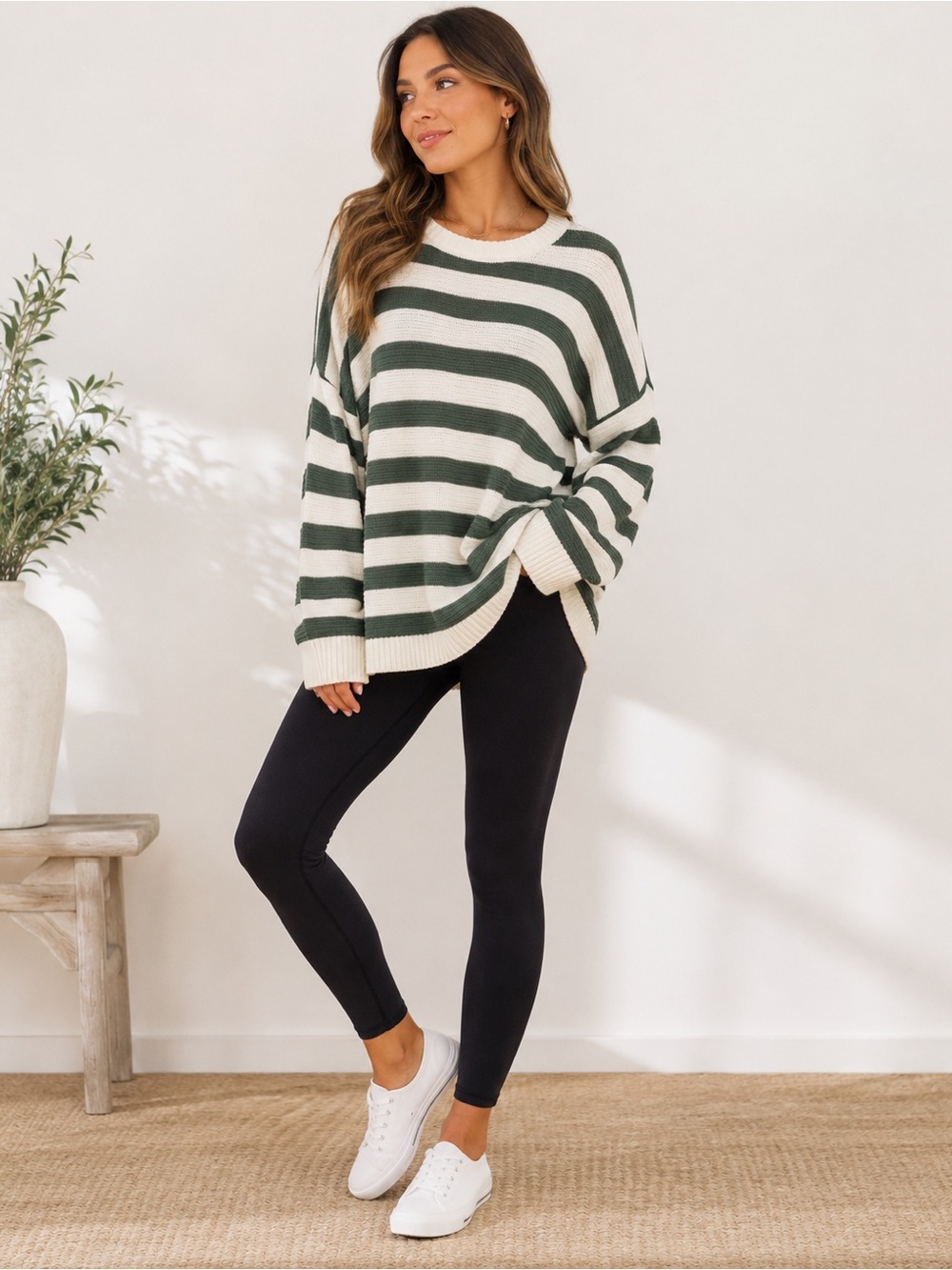 NEW WITH TAGS! Oversized, Soft Knit Sweater in Olive Green and White. Size XL.